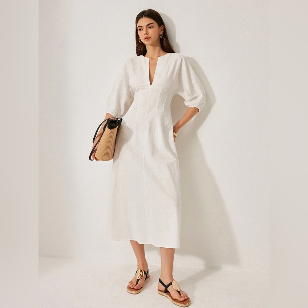 COMMENSE Cotton & Linen Puff Sleeve Dress Without Belt COLOR - White NWT LARGE